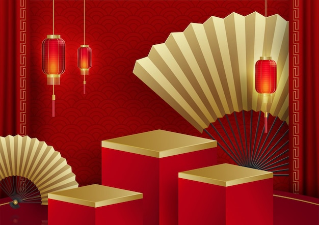 Podium round stage chinese style, for chinese new year and festivals or mid autumn festival with red paper cut art and craft on color backgroung with asian elements