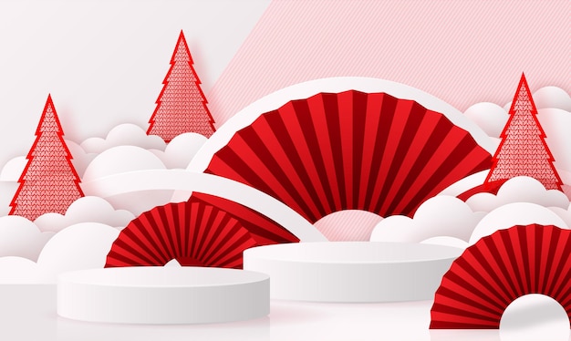 Podium round stage podium and paper art chinese new yearchinese festivals mid autumn festival