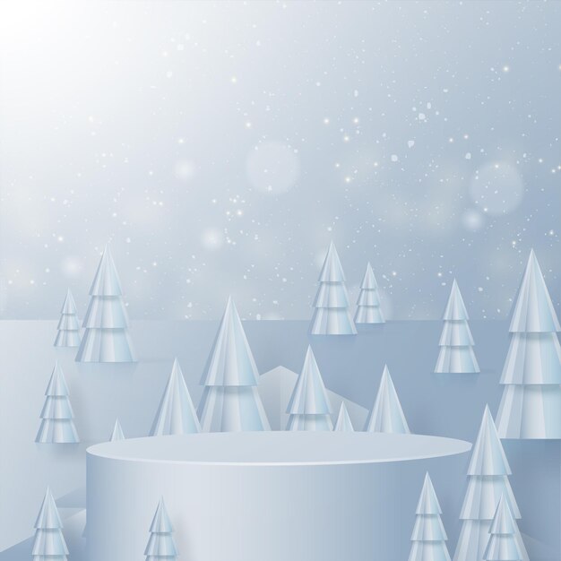 Подиум круглый сценический стиль, для веселого Рождества и счастливого нового года и фестивалей или приветствия фестиваля с вырезанными из голубой бумаги произведениями искусства и поделками на цветном фоне с праздничными элементами