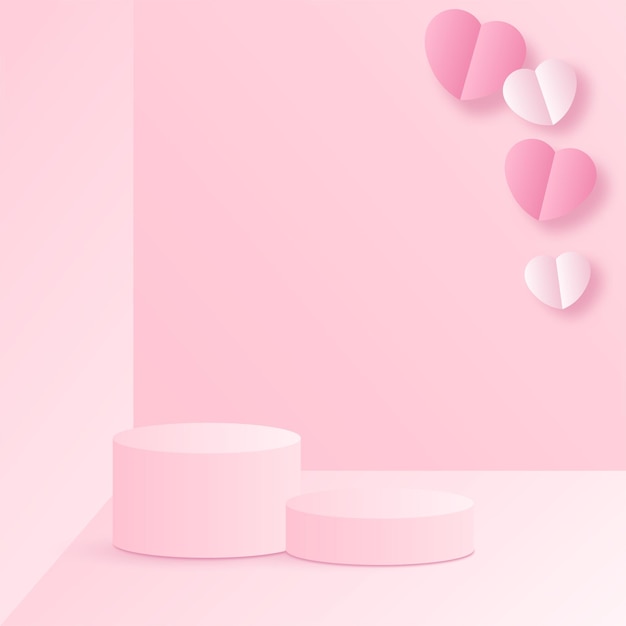 Podium roze 3d achtergrond met papieren hart voor valentijn