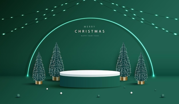 Podium shape for show cosmetic product display for christmas day or new years stand product showcase on green background with tree ball and light christmas vector design