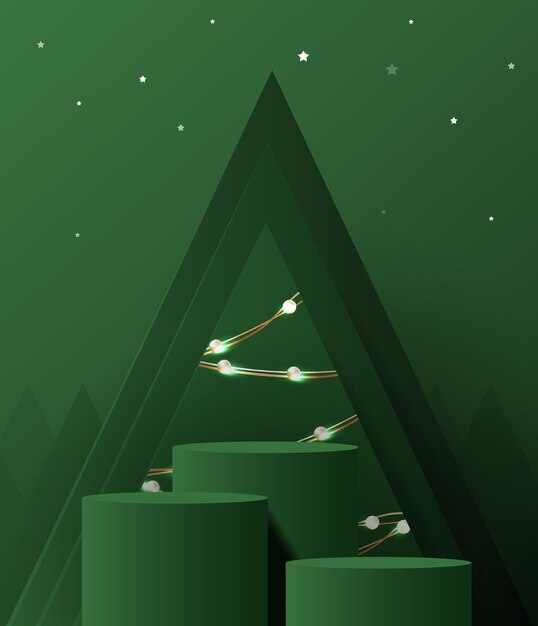 podium shape for show cosmetic product display for christmas day or new years stand product showcase on green background with tree christmas vector design