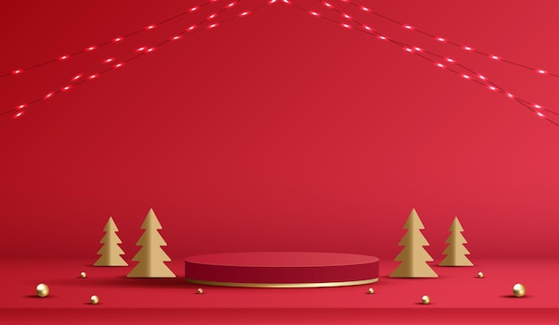 Podium shape for show cosmetic product display for christmas day or new years Stand product showcase on red background with lighting christmas vector design