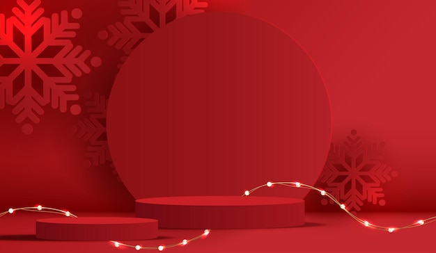 Форма подиума для показа косметической продукции на Рождество или новогодняя витрина на красном фоне с рождественским векторным дизайном дерева