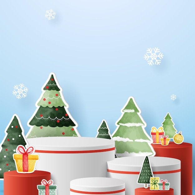 Podio per esposizione di prodotti da esposizioneinverno decorazione natalizia su sfondo blu con albero natale 3d vettore