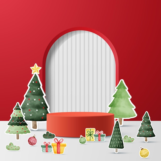 Vector podium for show product displaywinter christmas decoration on red background with tree xmas 3d vector