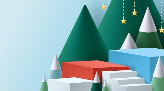 Podio per esposizione di prodotti da esposizione inverno decorativo natalizio su sfondo blu con albero natale 3d vettoriale