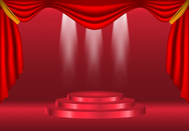 Podium with curtain on bright background decoration