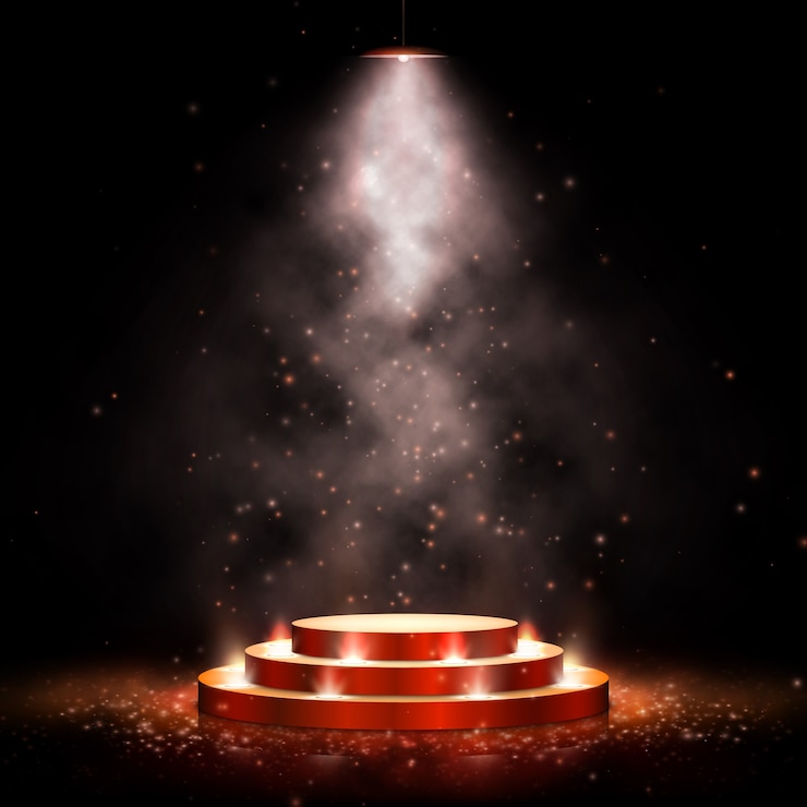 Vector podium with lighting. scene with for award ceremony on dark background with smoke.  illustration. gold podium on dark background with smoke.