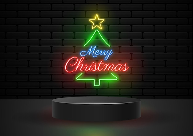 Podium with merry christmas neon light illustration vector