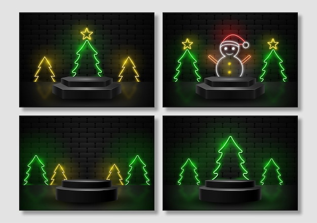 Podium with neon light christmas tree illustration vector