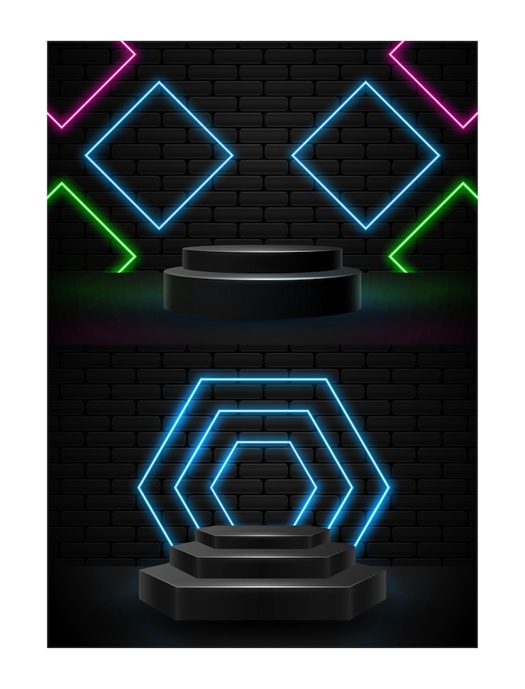Vector podium with neon light shapes illustration vector