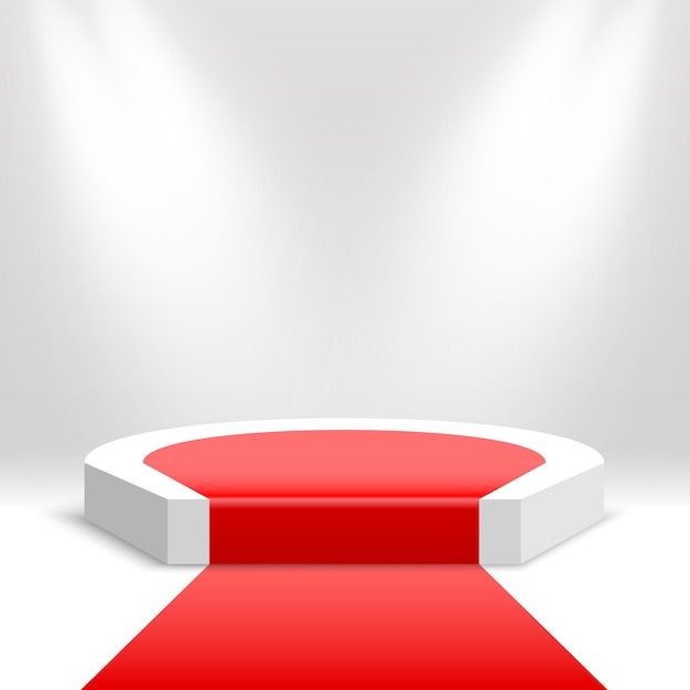 Vettore podio con tappeto rosso piedistallo vuoto con faretti piattaforma espositiva prodotti palcoscenico