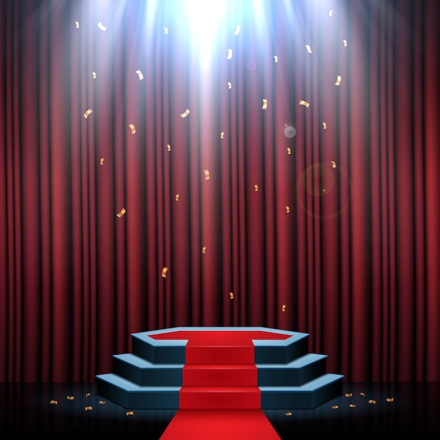 Vector podium with red carpet and curtain illuminated by spotlights