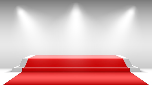 Vector podium with red carpet and spotlight