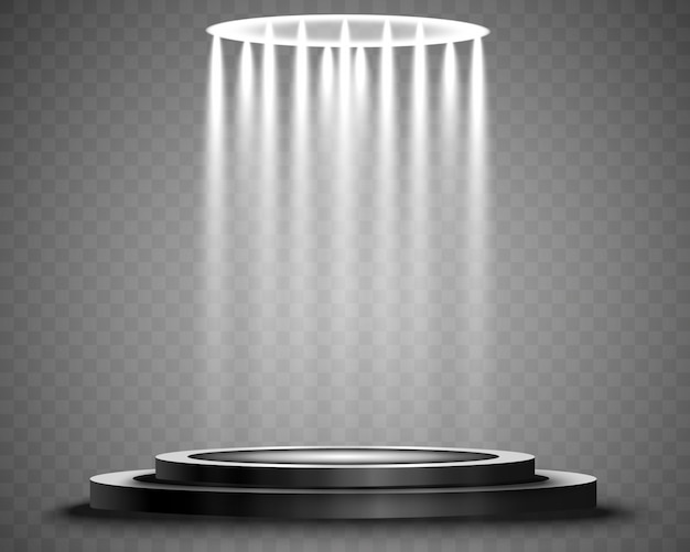 Podium with a spotlight on a dark background, first place, fame and popularity. illustration. Realistic podium illuminated by spotlights.