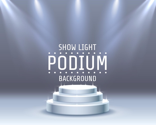 Podiumpodium met verlichting, podiumpodiumscène met voor prijsuitreiking op blauwe achtergrond, vectorillustratie