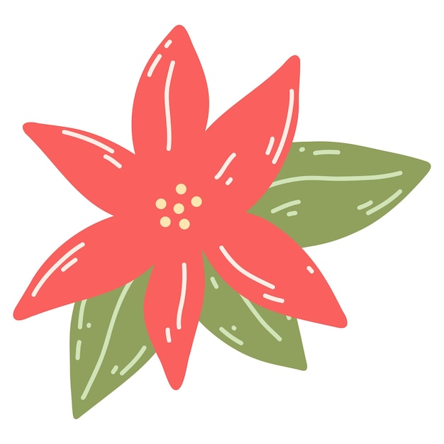 Пуансеттия в мультяшном плоском стиле Ручная рисованная векторная иллюстрация рождественского традиционного растительного цветочного праздника