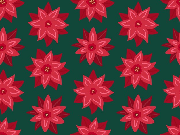 Poinsettia Christmas Star rode bloem naadloze patroon achtergrond Eenvoudige hand getrokken platte doodle