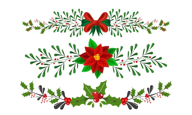 Poinsettia Flower With Berry Branches And Red Bow Ribbon On White Background.