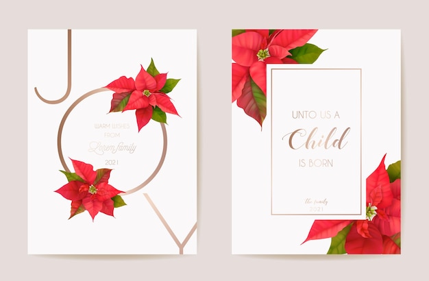 Poinsettia Realistic Vector Christmas Card Set, Floral Happy New Year Illustration. Mistletoe Frame Design Set, Winter 3d Flowers greetings, invitation, flyer, brochure, cover