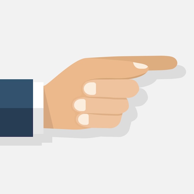 Puntare il dito direzione mano uomo che punta design piatto vettoriale illustrazione puntare l'icona del segno del dito premere spingere il puntatore gesto della mano touchscreen mano isolata che punta su uno sfondo bianco