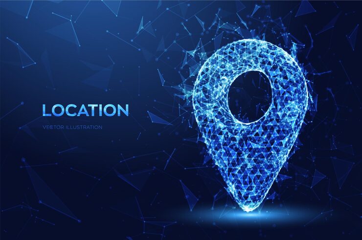 Vector point of location abstract 3d pointer of map made of polygons triangles points and lines low polygonal map marker sign gps navigation pin point global position system symbol vector illustration