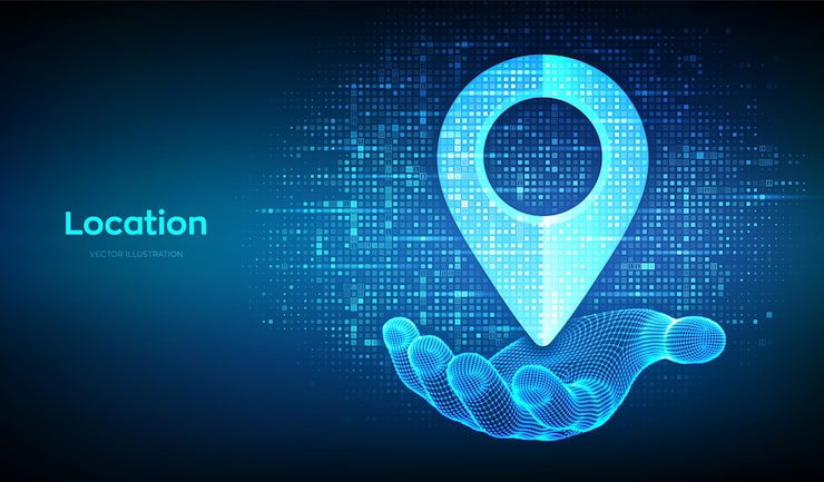 Vector point of location icon made with binary code in wireframe hand pointer of map gps pointer navigation pin point global position system symbol digital background with digits 10 vector illustration