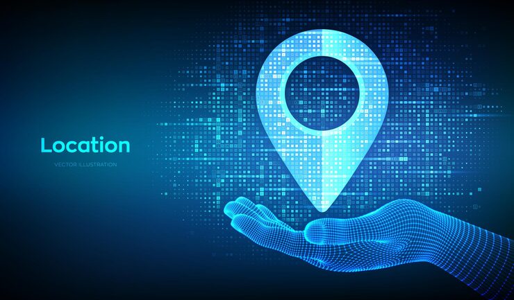 Vector point of location icon made with binary code in wireframe hand pointer of map gps pointer navigation pin point global position system symbol digital background with digits 10 vector illustration