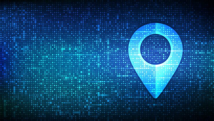 Vector point of location sign made with binary code pointer of map matrix background with digits 10 gps pointer graphic element navigation pin point global position system symbol vector illustration