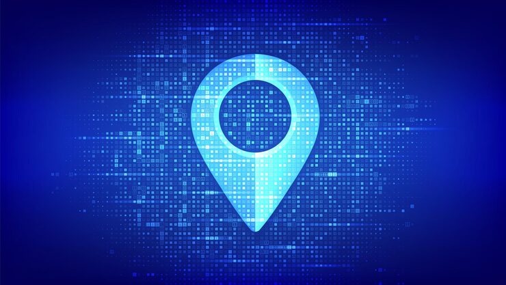 Vector point of location sign made with binary code pointer of map matrix background with digits 10 gps pointer graphic element navigation pin point global position system symbol vector illustration