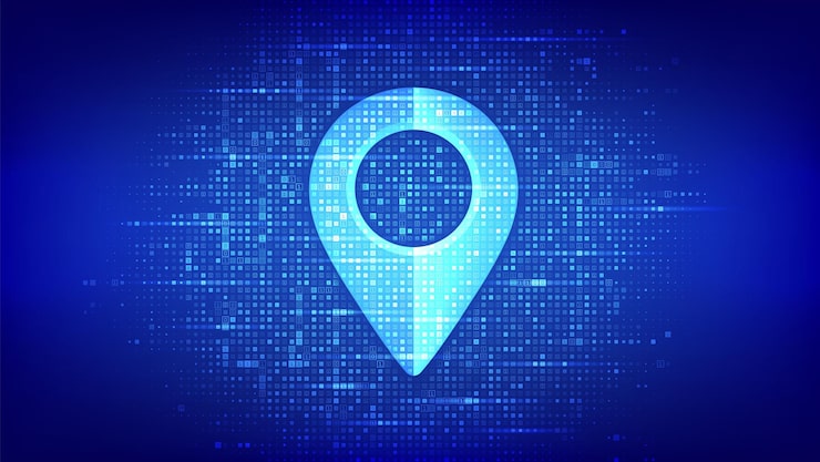 Vector point of location sign made with binary code pointer of map matrix background with digits 10 gps pointer graphic element navigation pin point global position system symbol vector illustration