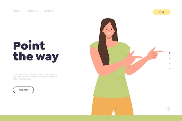Point way landing page design template Happy smiling woman cartoon character directing with hand to left giving presentation of important information or commercial marketing offer vector illustration