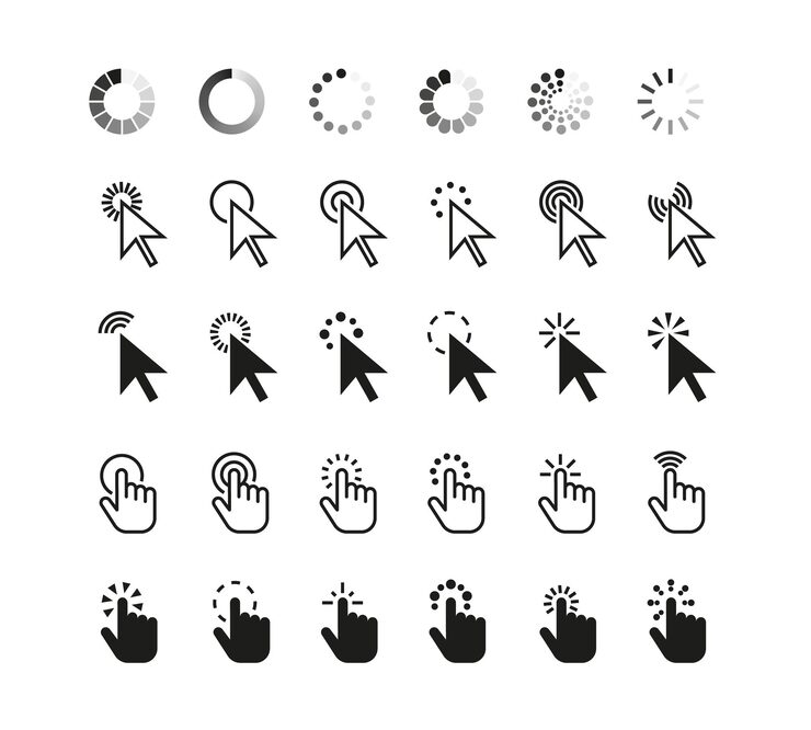 Vector pointer click cursor icon web outline pictogram cursors arrow computer hand finger and wait loading circle symbol digital website tools vector set
