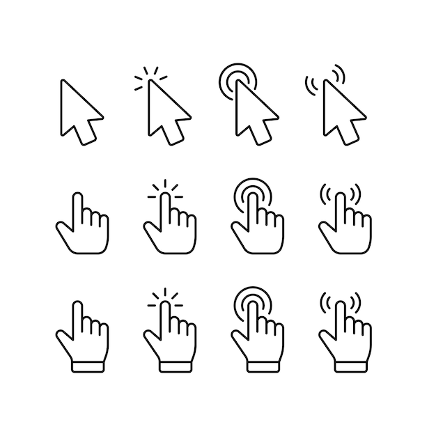 Pointer click icon. Clicking cursor, pointing hand clicks icons