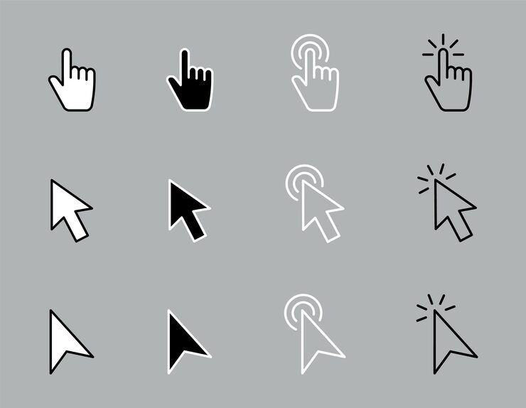 Vector pointer click icon set hand cursor click arrow pointer computer mouse cursor clicking finger pointing vector illustration