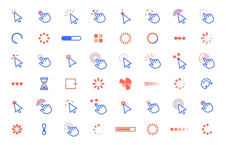 Vector pointer click icon. web clicks pointer cursor, computer app interface static and dynamic loading cursors. internet circle tools   set