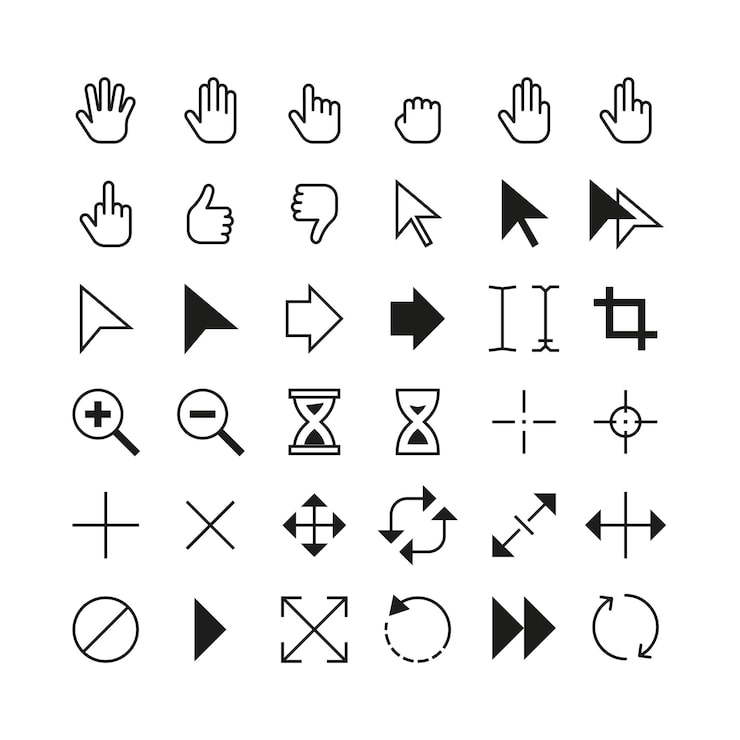 Vector pointer cursor mouse arrow icon pointers black selection and edit tool cursors hand click skip and swipe symbols editable stroke isolated vector set