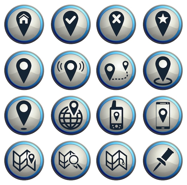 Pointer and maps dark icons on gray round buttons