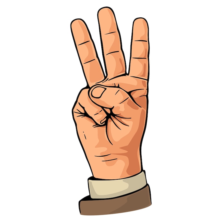 Vector pointing finger number three hand sign vector color vintage flat illustration isolated on a white