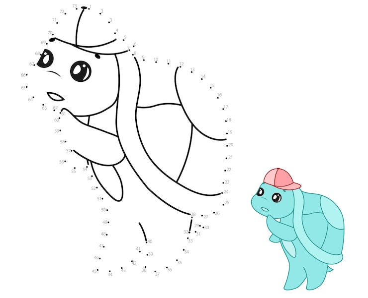 Pointtopoint game Draw a line Turtle in a cap For kids Worksheet Coloring book