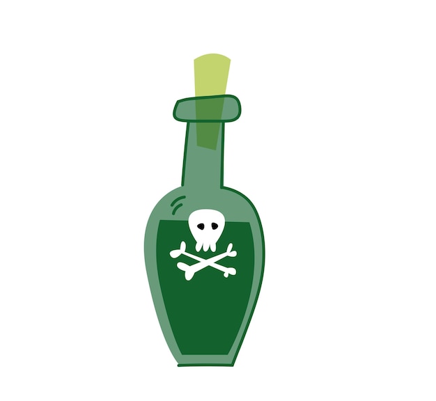 Vector poison bottle on white background, vector. green bottle with pirate rum. isolated clipart cartoon