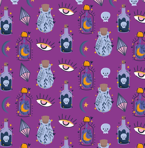 Poison potion and elixir bottles seamless pattern