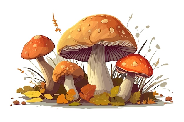 Poisonous fungi caps cluster on gilled stalks isolated on background Cartoon vector illustration