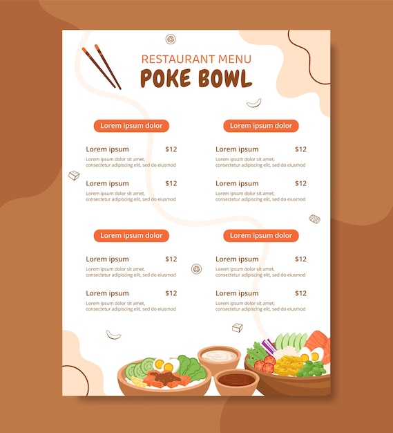 Poke bowl voedsel menusjabloon hand getekende cartoon vlakke afbeelding