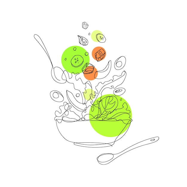 Poke bowl with salmon avocado cucumber and salad drawn in outline style simple drawing