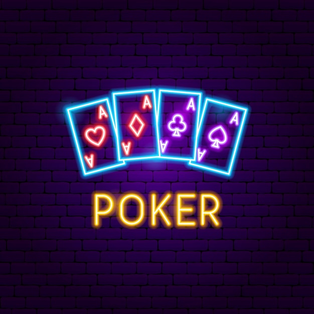 Poker aces neon label. vectorillustratie van spelpromotie.