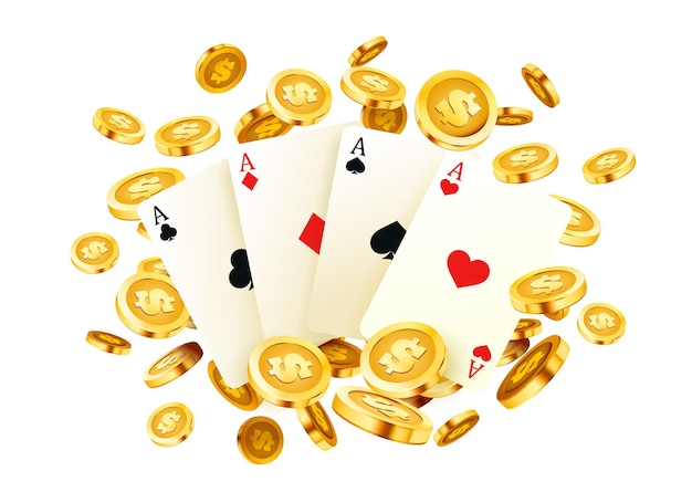 Poker banner, golden coins jackpot, casino 3d cover, gaming aces of the card