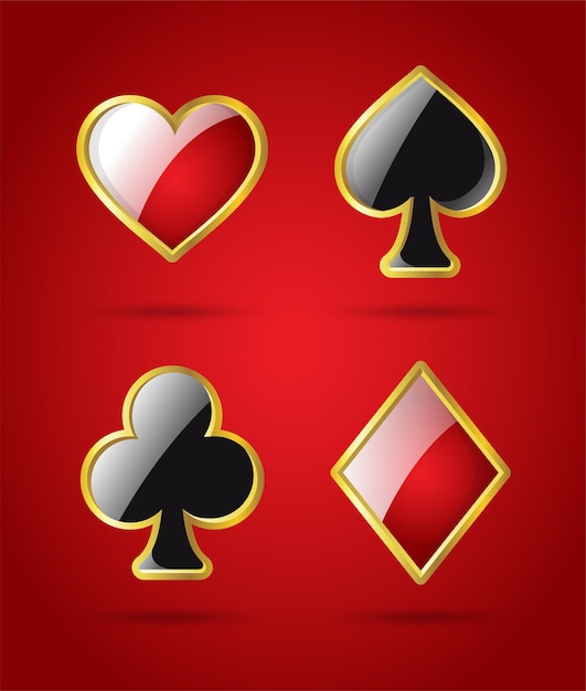 Poker card suits - modern vector isolated clip art illustration on shiny red background. hearts, spades, diamonds, clubs with a glossy effect. casino, gambling, luck, fortune concept