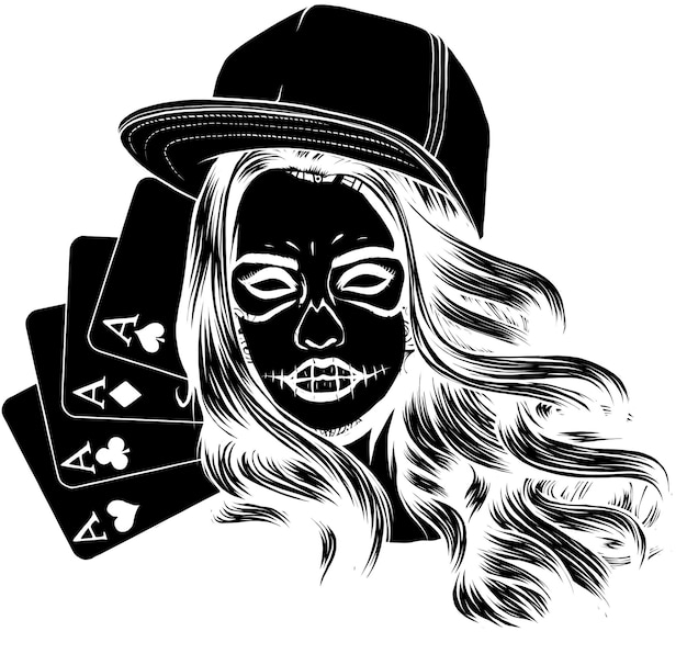 Carte da poker con illustrazione vettoriale del cranio di una ragazza